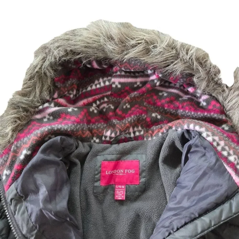 London Fog Girls Gray Puffer Jacket XL/14-16 Faux Fur Trimmed Hood